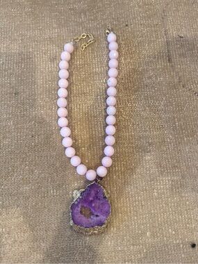 Pink Beaded Necklace with Purple Druzy Pendant -